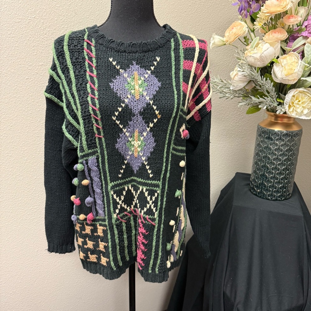 Jill Marlowe Vintage Knit Sweater | Black Multicolor Abstract Pom Pom L